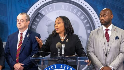 Fulton County District Attorney Fani Willis speaks at a news conference at Fulton County Government Center in Atlanta on Monday, Aug. 14, 2023, following the indictment of former President Donald Trump and others. (Arvin Temkar/The Atlanta Journal-Constitution/TNS)