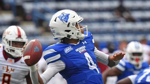 Georgia State quarterback Cornelious Brown IV will have one more chance to sling it around Saturday in a bowl game in Mobile, Ala., against Western Kentucky. (Hyosub Shin / Hyosub.Shin@ajc.com)