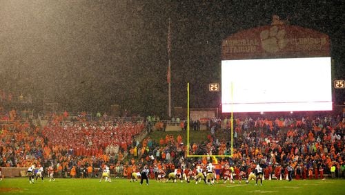 A general view of the rain coming down during the game between the Georgia Tech Yellow Jackets and Clemson Tigers  Saturday, Oct. 28, 2017, at Memorial Stadium in Clemson, S.c.
