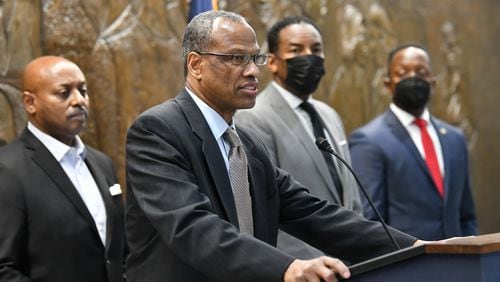 February 3, 2022 Atlanta - Integral Group CEO Egbert Perry speaking during a press as Mayor Andre Dickens announced the settlement.