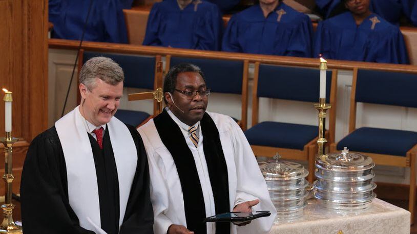 The Rev. David Lower (left), pastor at Saint Luke’s Presbyterian Church, is pictured with the Rev. Eric Powell, pastor at Dodd-Sterling United Methodist Church. during a joint church service. (Courtesy of David King)
