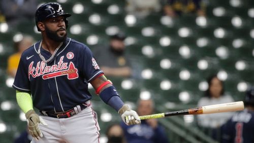 Atlanta Braves' Marcell Ozuna bats during the first inning against the Milwaukee Brewers Saturday, May 15, 2021, in Milwaukee. (Aaron Gash/AP)