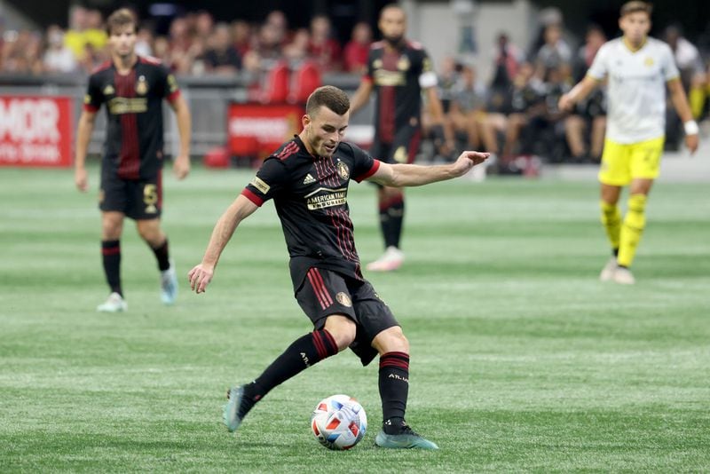 Atlanta United defender Brooks Lennon (11) attempts a shot during the second half against the Columbus Crew at Mercedes Benz Stadium Saturday, July 24, 2021, in Atlanta. (Jason Getz/For the AJC)

