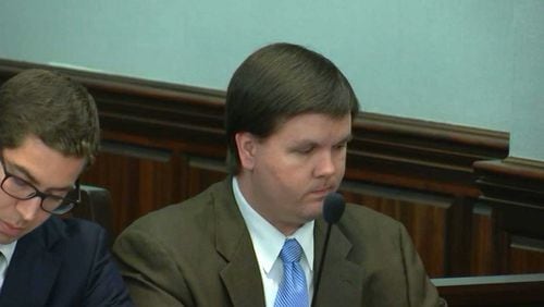 Justin Ross Harris listens to the verdict being read during his murder trial at the Glynn County Courthouse in Brunswick, Ga., on Monday, Nov. 14, 2016. Harris was found guilty of all eight charges. (screen capture via WSB-TV)