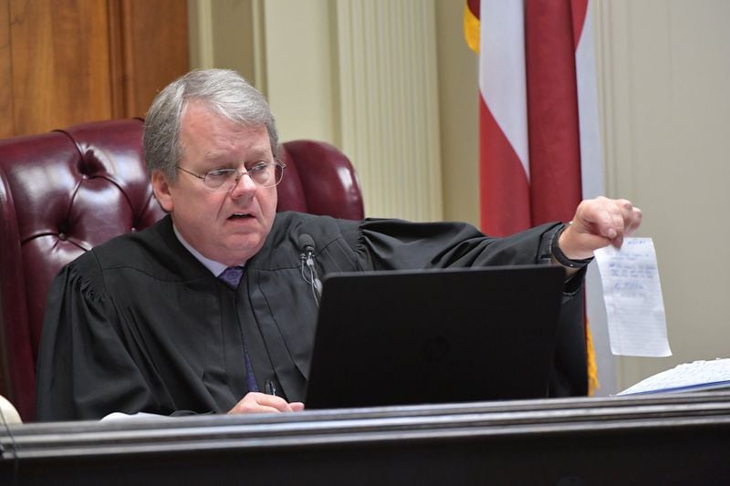 Spalding County Superior Court Judge W. Fletcher Sams holds a question from the jury during the murder trial of Franklin Gebhardt at the Spalding County Courthouse on Tuesday, June 26, 2018.  