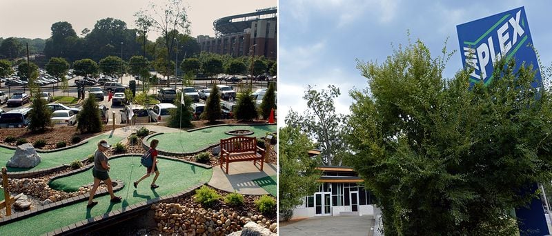 FanPlex closed after 20 months in operation. At left, Braves fans walk through the mini golf course on the way to Turner Field in 2002. At right, the sign continues to beckon through the overgrowth, seen here in 2012. (Left: Sunny Sung / AJC file; Right: Hyosub Shin / AJC file)