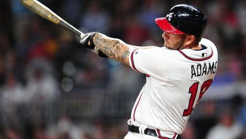 Matt Adams of the Braves smashes a fourth-inning double against the Pittsburgh Pirates at SunTrust Park. (Photo by Scott Cunningham/Getty Images)