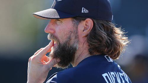 R.A. Dickey has a 7.71 ERA in three Grapefruit League starts after being charged with eight hits and five earned runs in 4 1/3 innings Wednesday against the Tigers. (Curtis Compton/AJC file photo)