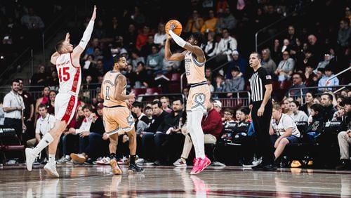 Georgia Tech sophomore guard Miles Kelly shoots against Boston College in the Yellow Jackets' 73-65 victory in Chestnut Hill, Massachusetts, on March 4, 2023. (Photo courtesy of Boston College Athletics)