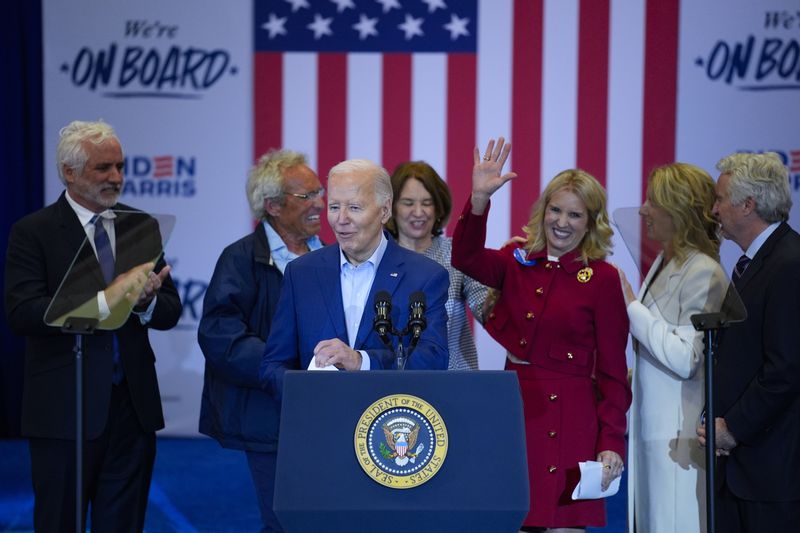 President Joe Biden speaks during a campaign event in Philadelphia, Thursday, April 18, 2024, with members of the Kennedy family. (AP Photo/Matt Rourke)