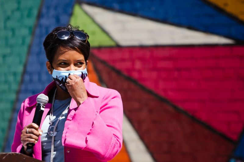 Mayor Keisha Lance Bottoms speaks during the ribbon cutting ceremony for a new At-Promise Center on Thursday, April 1, 2021. CHRISTINA MATACOTTA FOR THE ATLANTA JOURNAL-CONSTITUTION.
