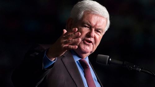 In this photo taken Sept. 19, 2016 file photo, former House Speaker Newt Gingrich introduces Republican presidential candidate Donald Trump during a campaign rally in Ft. Myers, Fla.  (AP Photo/ Evan Vucci)