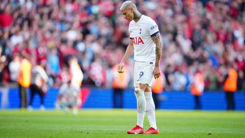 Tottenham's Richarlison reacts in disappointment at the end of the English Premier League soccer match between Liverpool and Tottenham Hotspur at Anfield Stadium in Liverpool, England, Sunday, May 5, 2024. (AP Photo/Jon Super)