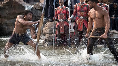 T'Challa/Black Panther (Chadwick Boseman) and Erik Killmonger (Michael B. Jordan) star in the film "Black Panther." (Matt Kennedy/Marvel Studios)