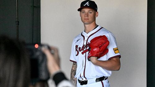 Atlanta Braves pitcher AJ Smith-Shawver poses for a photograph during the team's photo day at CoolToday Park, Friday, Feb. 23, 2024, in North Port, Florida. (Hyosub Shin / Hyosub.Shin@ajc.com)