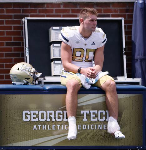 Brett Seither (80) sits out with an iced ankle during Georgia Tech's spring football game in Atlanta on Saturday, April 15, 2023.   (Bob Andres for the Atlanta Journal Constitution)