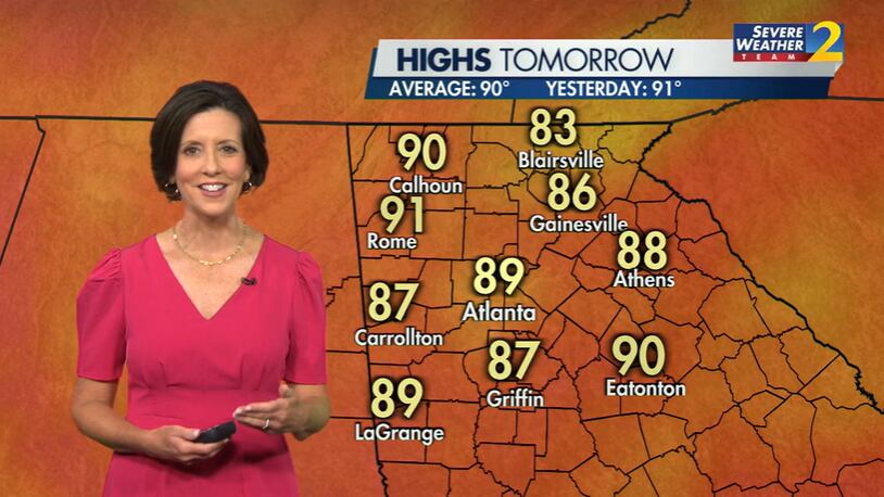 Temperatures in Atlanta will rise to a high of 89 degrees Sunday, said Channel 2 Action News meteorologist Jennifer Lopez.