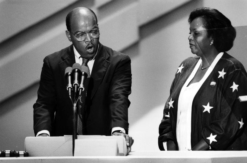 During John Lewis' first term as a congressman, Atlanta was named as the host city for the 1988 Democratic National Convention, one of the largest events the city had hosted up to that time. Lewis, with his wife Lillian by his side, delivered a speech on the last night of the convention. (Frank Niemeir / AJC Photo Archive at GSU Library AJCP177-014b)