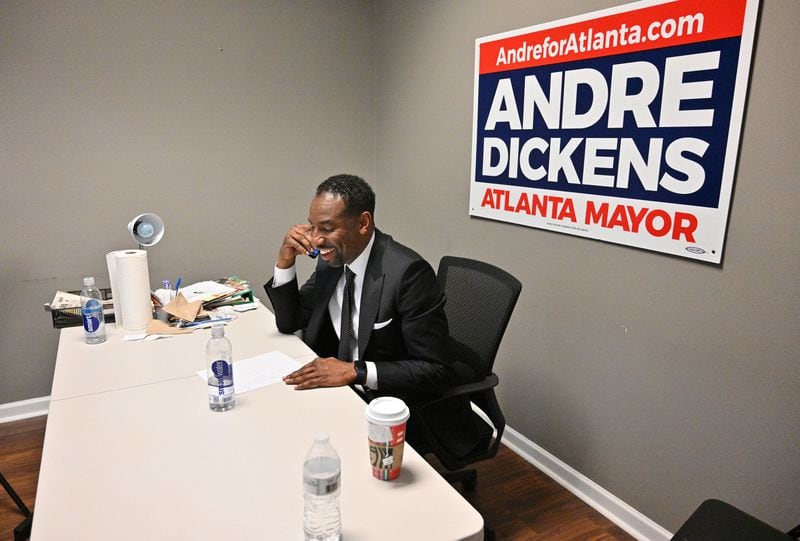 December 1, 2021 Atlanta - Mayor-elect Andre Dickens talks on the phone at his campaign headquarters on Wednesday, December 1, 2021. Andre Dickens, the Atlanta native who first beat an incumbent eight years ago for a spot on the City Council, defeated Felicia Moore in a runoff election to become Atlanta's 61st mayor. (Hyosub Shin / Hyosub.Shin@ajc.com)