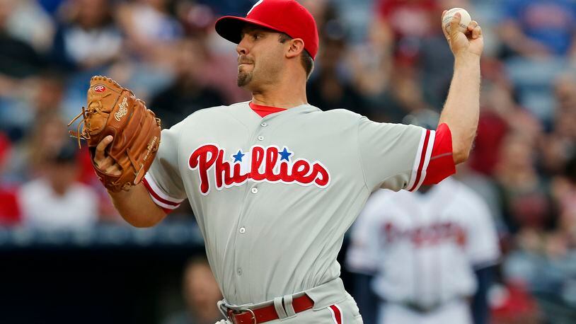 Philadelphia Phillies starting pitcher Adam Morgan (39) works against the Atlanta Braves in the first inning of a baseball game, Tuesday, May 10, 2016, in Atlanta. (AP Photo/John Bazemore)