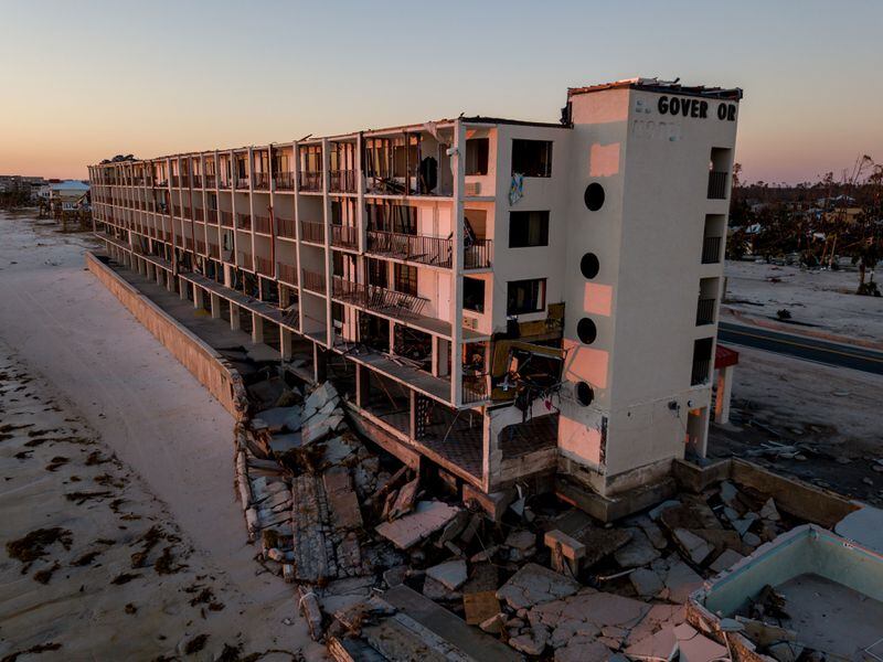 An aerial view of the remains of the El Governor Motel in Mexico Beach Fla., on Oct. 13, 2018. The Florida Panhandle area was still beginning a long recovery from Hurricane Michael. Recovery will be slow for many of the vacation spots devastated by Hurricane Michael, but there are some options in the area for vacationers looking for a winter getaway. JOHNNY MILANO / THE NEW YORK TIMES
