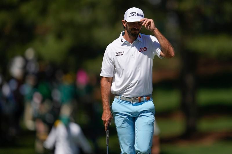 Max Homa greets the patrons on the seventh hole during second round at the Masters golf tournament at Augusta National Golf Club Friday, April 12, 2024, in Augusta, Ga. (AP Photo/Ashley Landis)