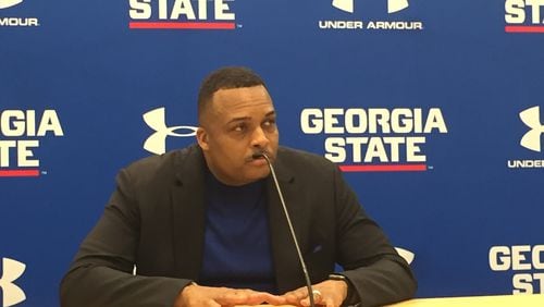 Georgia State coach Ron Hunter speaks with media after a 90-82 overtime loss to Louisiana-Monroe on Feb. 10 in Atlanta.