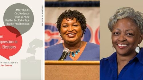 Former Georgia gubernatorial candidate Stacey Abrams (center) and Emory professor Carol Anderson contribute essays to “Voter Suppression in U.S. Elections.” Contributed by UGA Press/AJC file