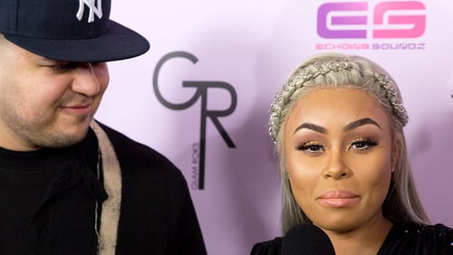 Rob Kardashian and Blac Chyna arrive at her Blac Chyna Birthday Celebration And Unveiling Of Her "Chymoji" Emoji Collection at the Hard Rock Cafe on May 10, 2016 in Hollywood, California.  (Photo by Greg Doherty/Getty Images)
