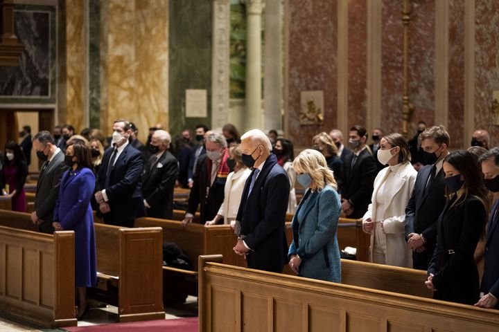 President-elect Joe Biden and his wife Dr. Jill Biden attend Mass at the Cathedral of St. Matthew the Apostle during Inauguration Day ceremonies in Washington on Wednesday, Jan. 20, 2021. (Doug Mills/The New York Times)