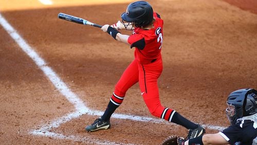 Georgia outfielder Kendall Burton (3) during the Bulldogs' game against College of Charleston at Jack Turner Softball Stadium in Athens, Ga. on Friday, Feb. 23, 2018. (Photo by Steffenie Burns)