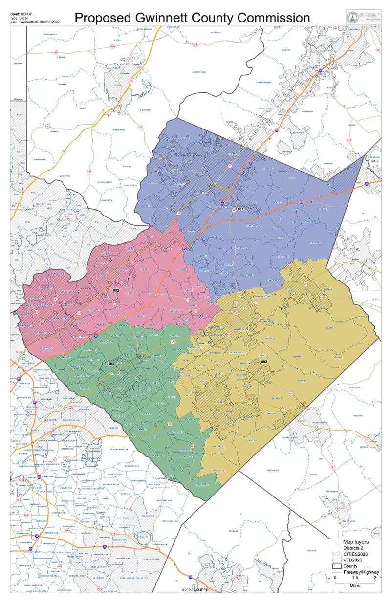 State Rep. Bonnie Rich, R-Suwanee, proposed this redrawn map of Gwinnett County Commission districts on Jan. 31, 2022. Since releasing this map, the district numbers have shifted to prevent sitting commissioners from being drawn out of their districts.