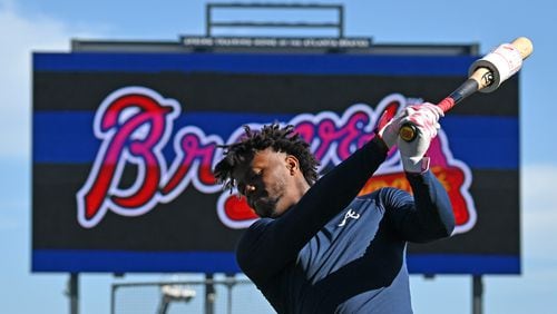 Braves right fielder Ronald Acuna takes practice swings as he waits his turn for batting practice during Braves spring training at CoolToday Park, Thursday, Feb. 16, 2023, in North Port, Fla.. (Hyosub Shin / Hyosub.Shin@ajc.com)