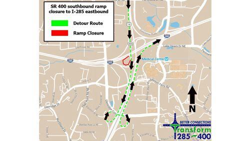 Map depicts the recommended detour when the ramp from southbound Ga. 400 to eastbound I-285 is closed. GEORGIA DEPARTMENT OF TRANSPORTATION