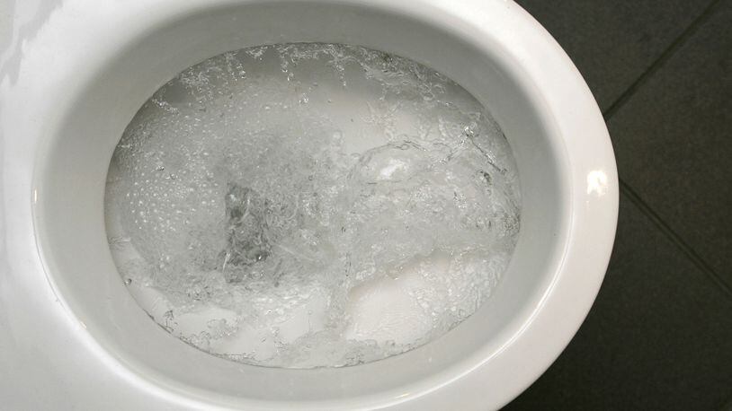 Water swirls in a flushing toilet.
