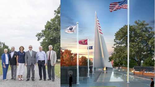 Left: Veteran volunteers pose on the site of a planned memorial to military servicemembers (Alyssa Pointer/alyssa.pointer@ajc.com). Right: A rendering of the planned memorial by Croft and Associates (courtesy of the Cobb Veterans Memorial Foundation).