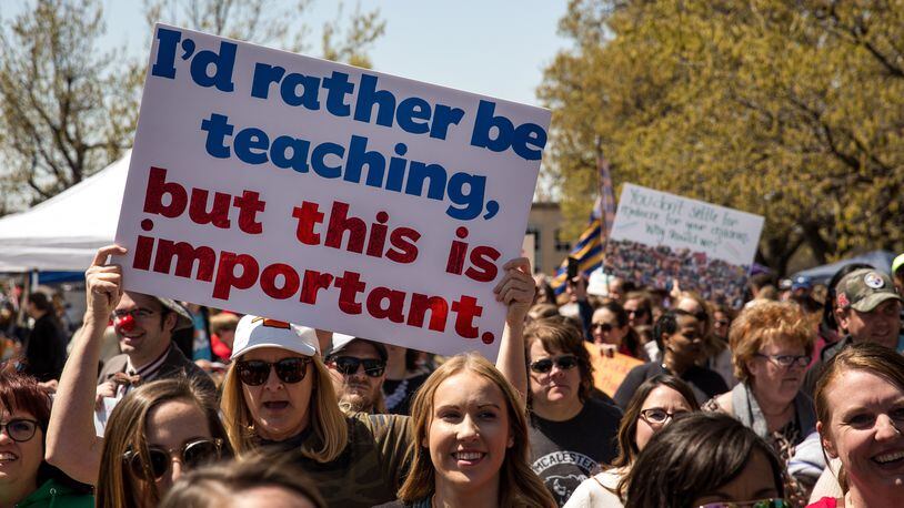 OKLAHOMA CITY, OK - APRIL 04: Thousands gathered and marched outside the Oklahoma state Capitol during the third day of what turned into a nine-day statewide education walkout. Teachers sought increased school funding and pay raises.