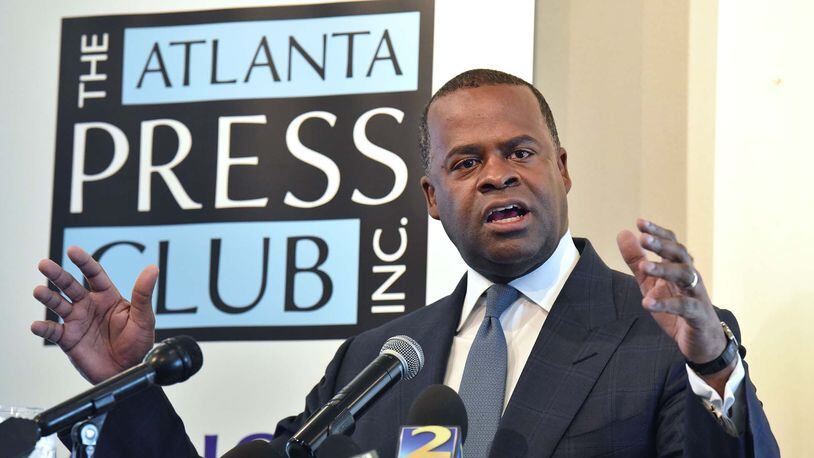 Atlanta Mayor Kasim Reed speaks at an Atlanta Press Club Newsmaker Luncheon on February 28. Reed leaves office in January after eight years as the city’s mayor. HYOSUB SHIN / HSHIN@AJC.COM