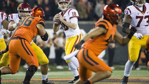 Southern California quarterback JT Daniels looks downfield for a receiver during his team's game against Oregon State.