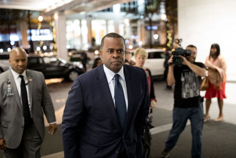 Mayor Kasim Reed arrives for the election night party for Atlanta mayoral candidate Keisha Lance Bottoms at the Hyatt Regency Hotel in Atlanta on Tuesday, Dec. 5, 2017.