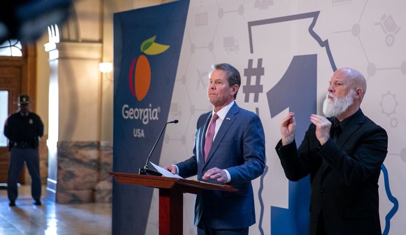 Georgia Governor Brian Kemp remarks at a press conference in response to President Joe Biden’s visit to Georgia and push for voting rights changes.  Kemp stands by the laws regulating voting in Georgia on Tuesday, Jan 11, 2022.  (Jenni Girtman for The Atlanta Journal-Constitution)