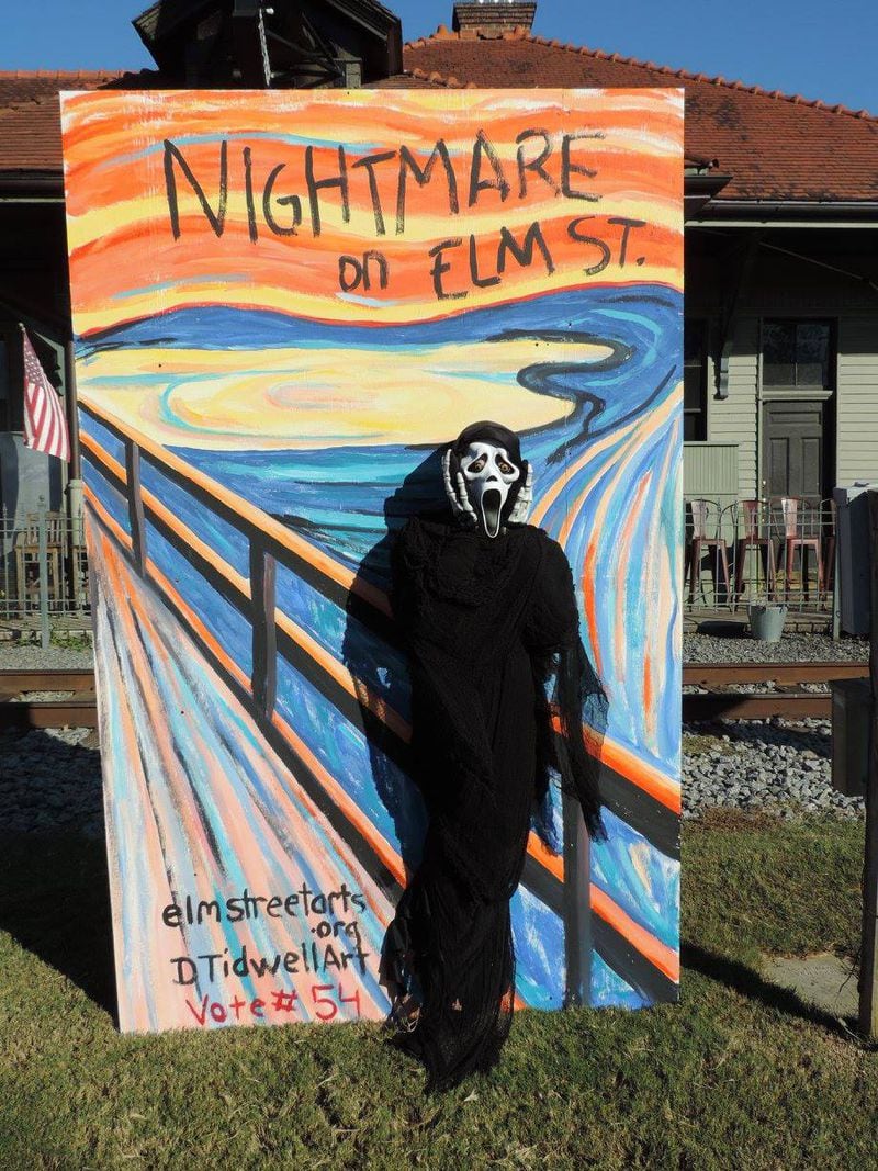 This "scream" of a scarecrow, positioned near the old train depot, was part of a previous "Scarecrow Invasion" in Woodstock. Dozens and dozens of cleverly conceived scarecrows are entered in the annual event that lines Main Street throughout October and raises funds for downtown beautification efforts. (City of Woodstock)