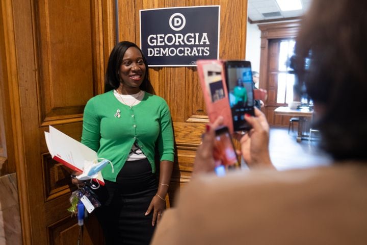 Dr. Laklieshia Izzard poses for a photo before qualifying to run for the Georgia House on the first day of qualifying Monday, March 7, 2022, at the Georgia State Capitol. (Ben Gray for The Atlanta Journal-Constitution)