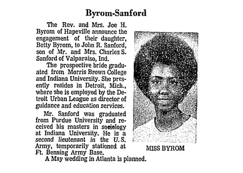 The engagement of Betty Byrom to John Sanford is announced in the April 2, 1971, edition of The Atlanta Constitution. (AJC Archives)