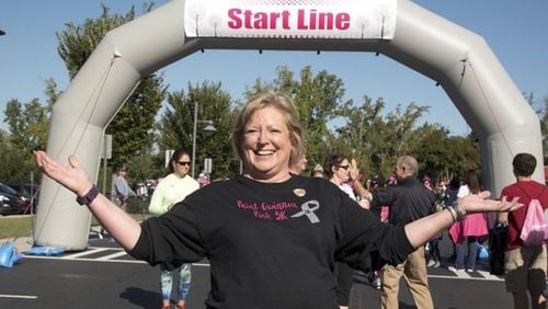 Breast cancer survivor Bobbie Menneg of Lawrenceville, shown here at the inaugural Paint Gwinnett Pink 5K Walk in 2016, founded a nonprofit called Beyond the Ribbon to help patients who have been diagnosed with cancer. (Photo Courtesy of Anthony Stalcup)