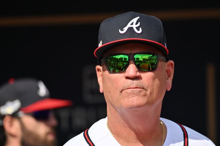 Atlanta Braves manager Brian Snitker surveys the field before game one of the baseball playoff series between the Braves and the Phillies at Truist Park in Atlanta on Tuesday, October 11, 2022. (Hyosub Shin / Hyosub.Shin@ajc.com)