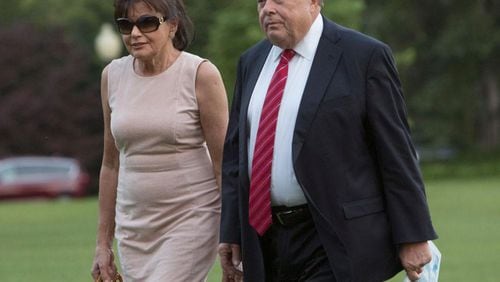 Viktor Knavs and Amalija Knavs, parents of the first lady Melania Trump, arrive at the White House with the first family June 11, 2017 in Washington, DC.