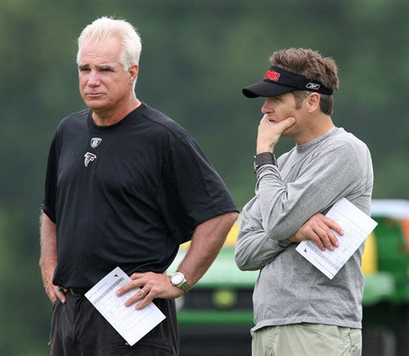 090508 Flowery Branch - EVALUATION BEGINS- Falcons head coach Mike Smith and general manager Thomas Dimitroff begin evaluating players as the Falcons kickoff their first mini-camp in Flowery Branch on Friday, May 8, 2009. CURTIS COMPTON / ccompton@ajc.com Despite finishing in last place in the NFC South, the Falcons will have the 11th toughest schedule entering the 2014 season. CURTIS COMPTON / ccompton@ajc.com