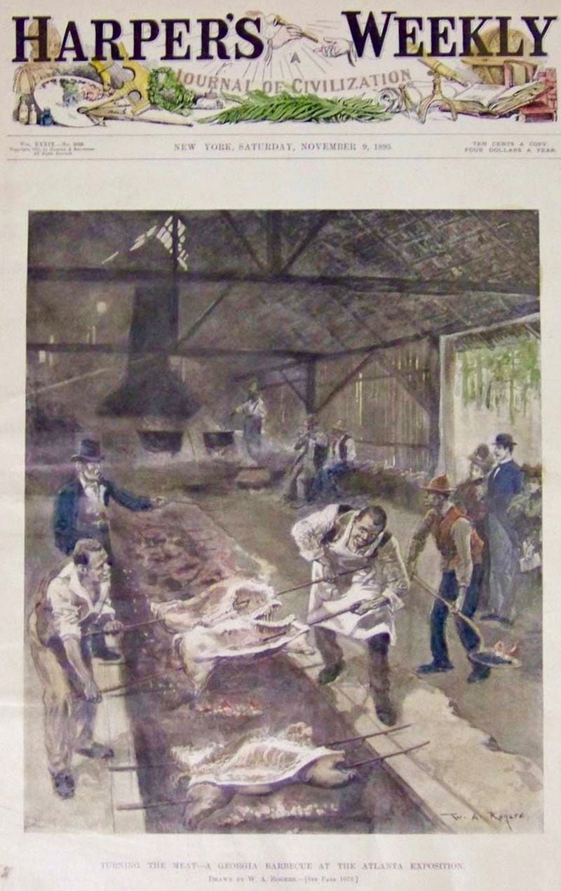 African Americans hard at work cooking barbecue at the 1895 Cotton States exposition in Atlanta, as portrayed on the cover of Harper's Weekly. (Courtesy of Atlanta History Center)
