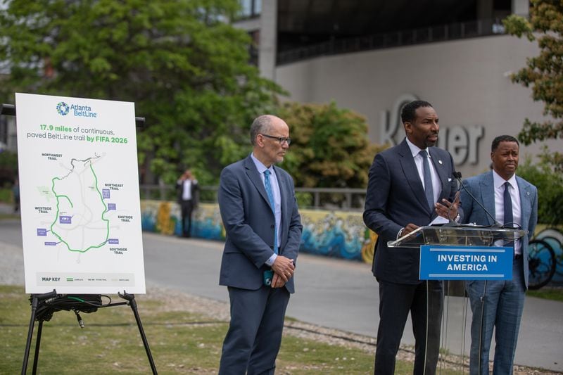 From left: White House Senior Advisor Tom Perez, Atlanta Mayor Andre Dickens, and BeltLine, Inc. President and CEO Clyde Higgs announce a accelerated delivery timeline for miles of Atlanta's iconic Beltline during a press conference on April 24, 2024. Riley Bunch/AJC